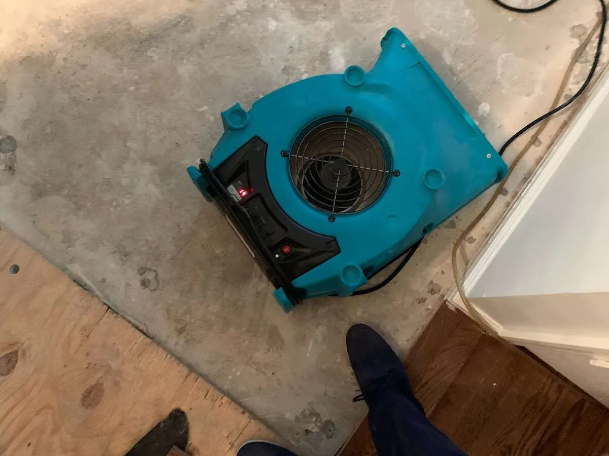 Air mover drying subfloor during Commercial Water Damage Restoration in Nogales